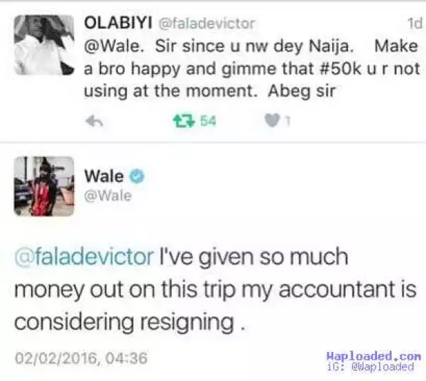 See What Rapper Wale Used In Replying This Nigerian Guy Who Begged Him For Money